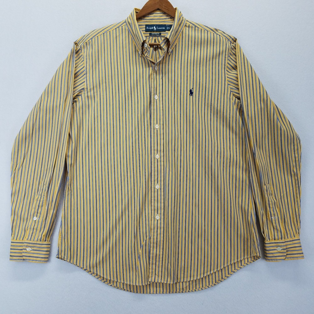 Vintage Ralph Lauren Custom Fit Shirt Men L Yellow Striped Long Sleeve